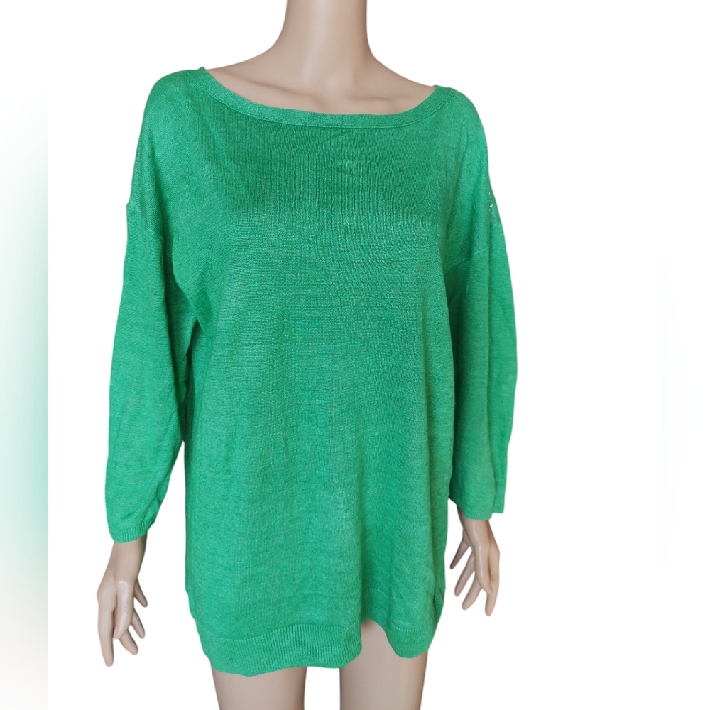 Talbots shirt women's Large L 100% Linen Kelly Green pull on knit layer